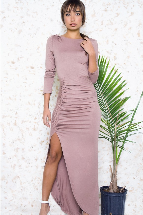 Poppy Beige Asymmetrical Midi Dress
